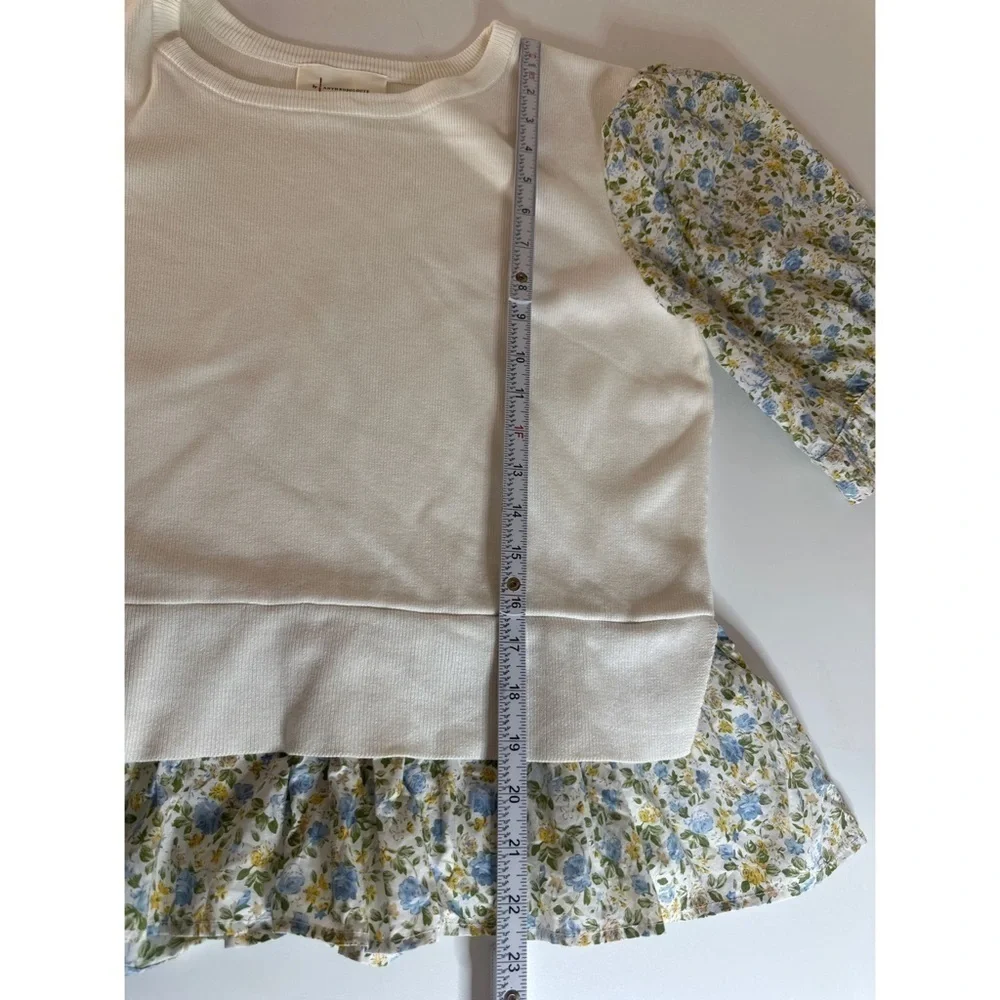 Anthropologie White Knit Top with Blue Floral Puff Sleeves